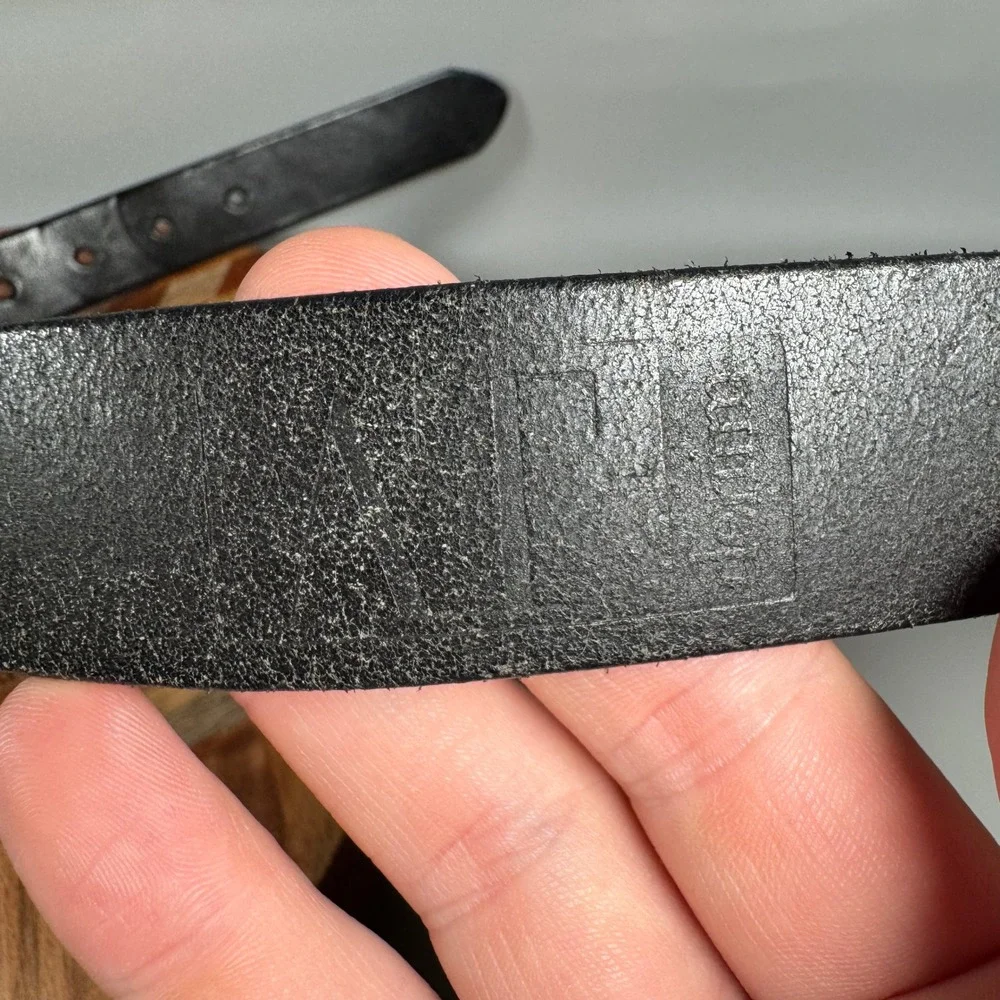 Mens Black Leather Belt Brass D-Ring Buckle Size Medium India Made Classic